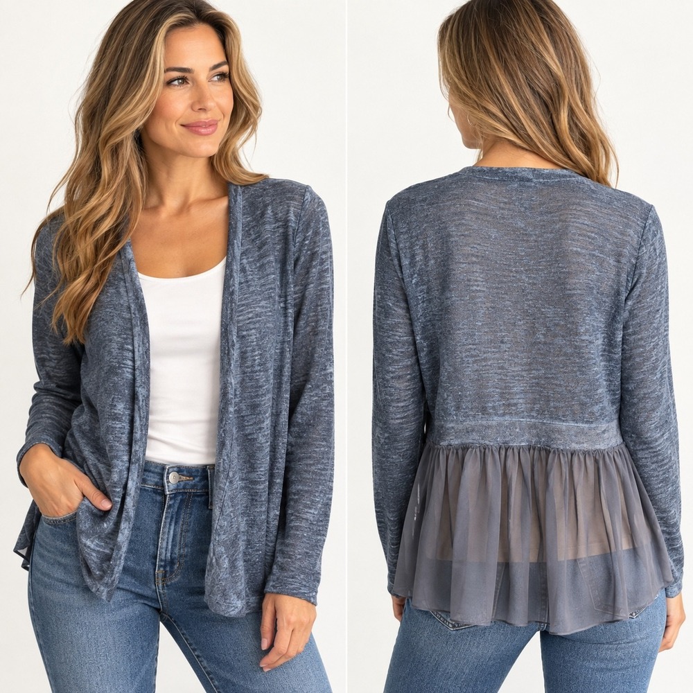 Elena Baldi Cardigan Women Medium Blue Lagenlook Sheer Peplum Made in Italy 2953